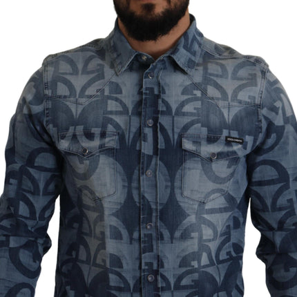 Dolce & Gabbana Blue Denim Stretch DG Logo Casual Mens Slim Shirt