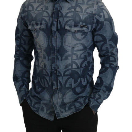 Dolce & Gabbana Blue Denim Stretch DG Logo Casual Mens Slim Shirt