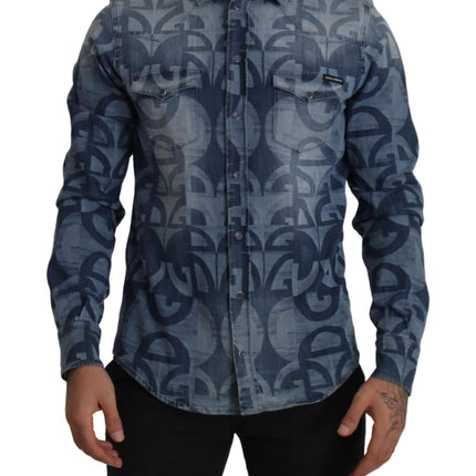 Dolce & Gabbana Blue Denim Stretch DG Logo Casual Mens Slim Shirt