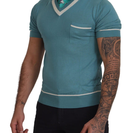 Dolce & Gabbana Blue Silk Polo Top Mens V-neck  T-shirt