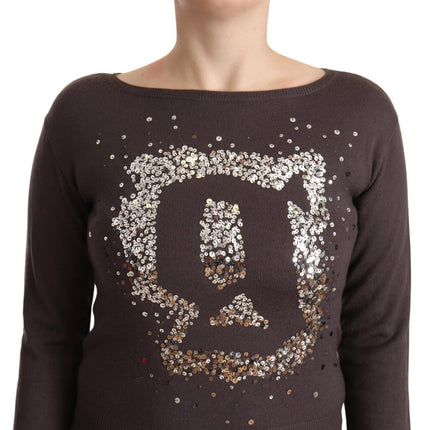 John Galliano Brown Wool Sequined Long Sleeves Pullover Sweater