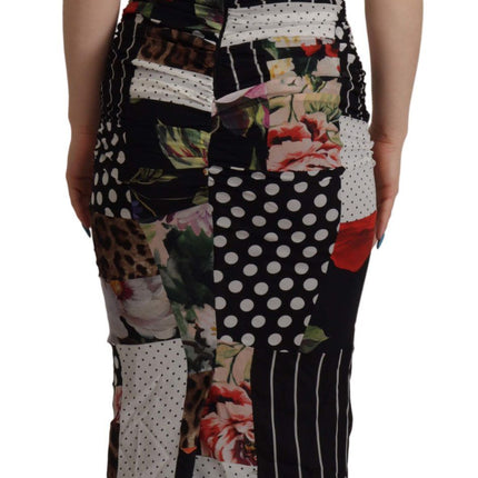 Dolce & Gabbana Multicolor Pachwork Midi Floral Silk Leopard Bodycon Dress