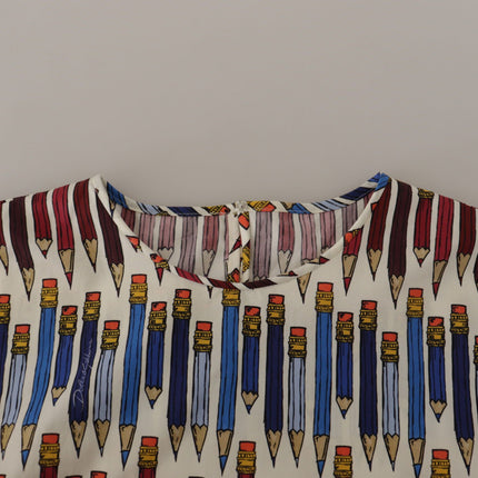 Dolce & Gabbana White Pencil Print Cotton T-shirt Blouse