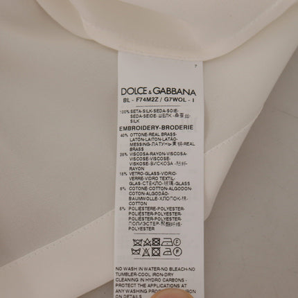 Dolce & Gabbana White Silk Gold DG Crown Crystal Blouse Top