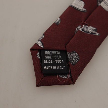 Dolce & Gabbana Maroon Hat Pattern 100% Silk Adjustable Accessory Tie