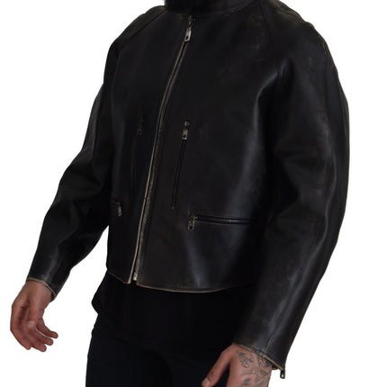Dolce & Gabbana Black Leather Zipper Biker Coat Jacket