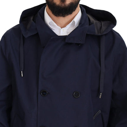 Dolce & Gabbana Blue Hooded Double Breasted Coat Jacket