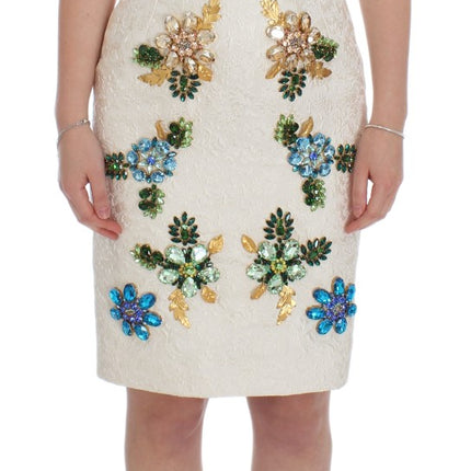 Dolce & Gabbana White Brocade Crystal Sheath Dress