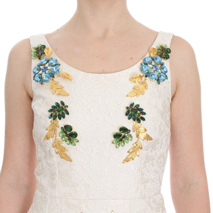 Dolce & Gabbana White Brocade Crystal Sheath Dress