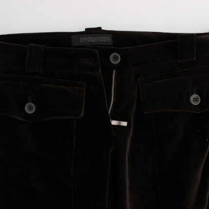 Ermanno Scervino Brown Cotton Velvet Zippers Slim Fit Pants