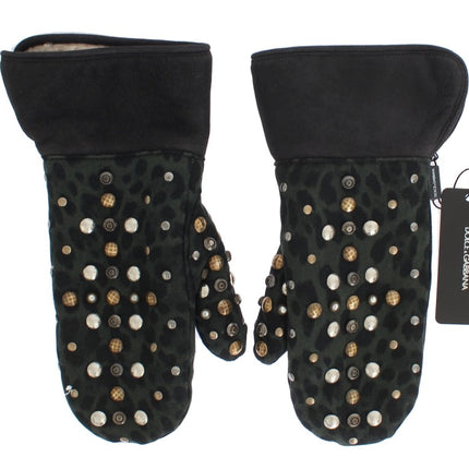 Dolce & Gabbana Gray Wool Shearling Studded Green Leopard Gloves