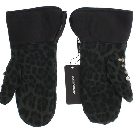 Dolce & Gabbana Gray Wool Shearling Studded Green Leopard Gloves