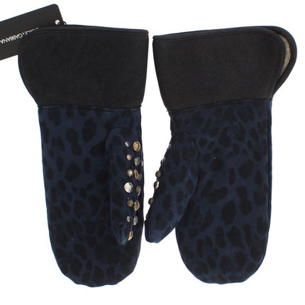 Dolce & Gabbana Gray Wool Shearling Studded Blue Leopard Gloves