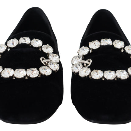 Dolce & Gabbana Black Velvet Crystals Loafers Flats Shoes