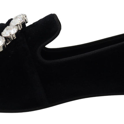 Dolce & Gabbana Black Velvet Crystals Loafers Flats Shoes