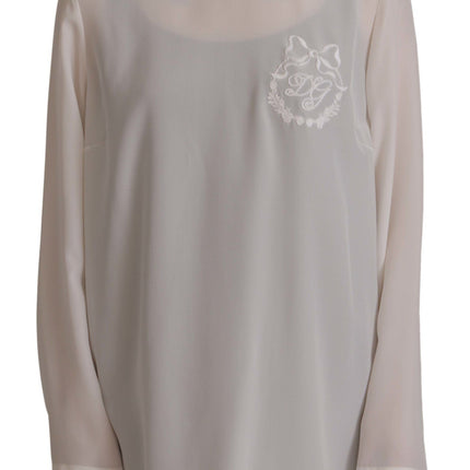 Dolce & Gabbana White Silk DG Logo Embroidered Long Sleeves Blouse