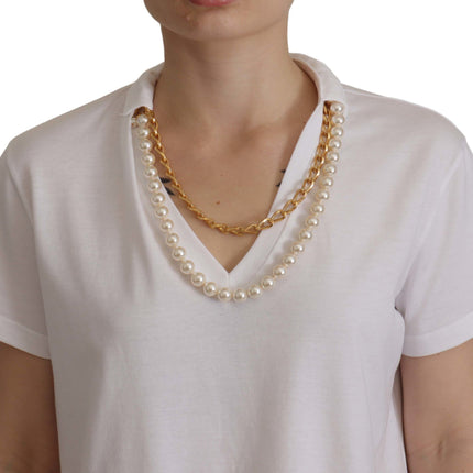 Dolce & Gabbana White Necklace Embellished Neckline T-shirt Top