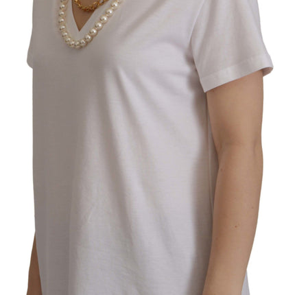 Dolce & Gabbana White Necklace Embellished Neckline T-shirt Top