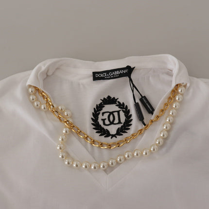 Dolce & Gabbana White Necklace Embellished Neckline T-shirt Top