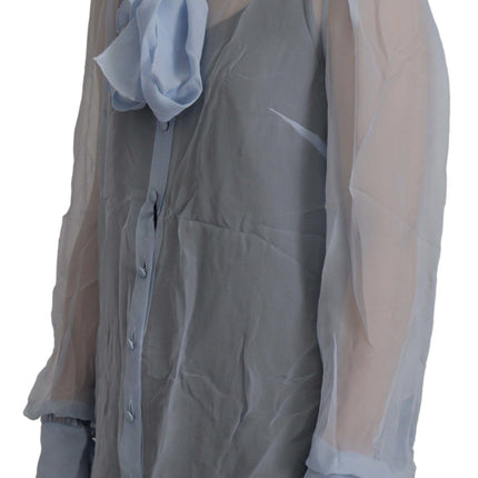 Dolce & Gabbana Light Blue Silk Ascot Collar Long Sleeves Top