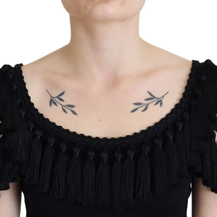 Dolce & Gabbana Black Tank Top Blouse Tassle Cotton Blouse