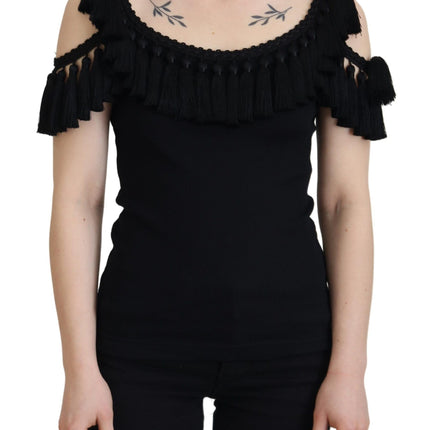 Dolce & Gabbana Black Tank Top Blouse Tassle Cotton Blouse