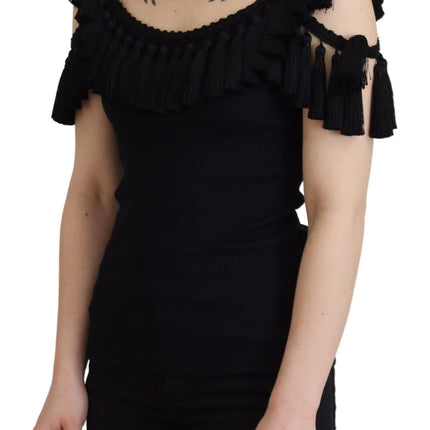 Dolce & Gabbana Black Tank Top Blouse Tassle Cotton Blouse