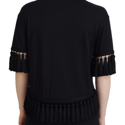 Dolce & Gabbana Black T-shirt Blouse Tassle Cotton Blouse