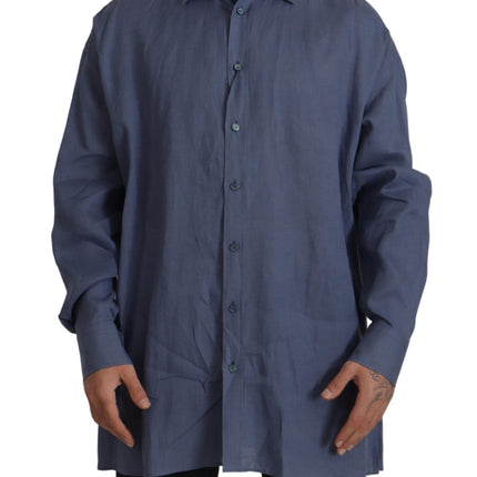 Dolce & Gabbana Dark Blue Linen Slim Fit Dress Formal Men Shirt