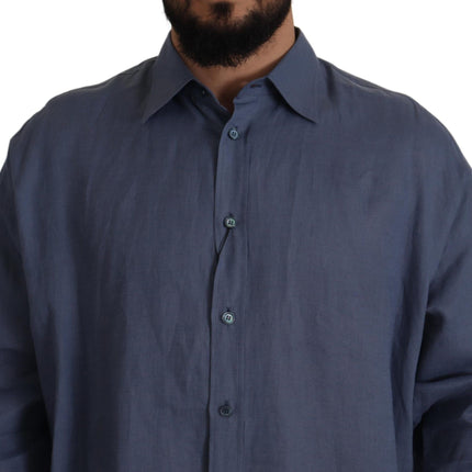 Dolce & Gabbana Dark Blue Linen Slim Fit Dress Formal Men Shirt