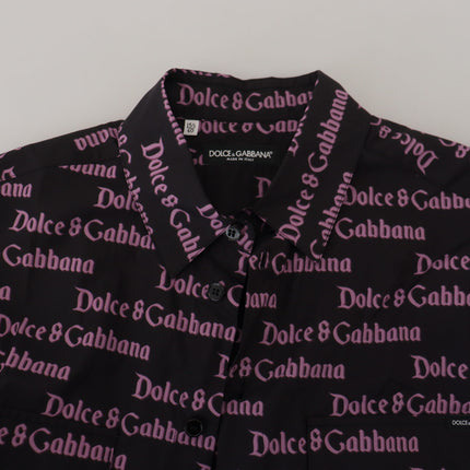 Dolce & Gabbana Black Purple Logo Slim Dress Formal Shirt
