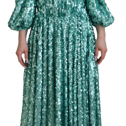 Dolce & Gabbana Blue Sequined Pleated Aline Midi Nylon Dress