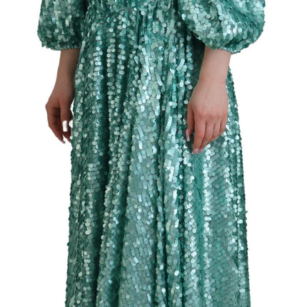 Dolce & Gabbana Blue Sequined Pleated Aline Midi Nylon Dress