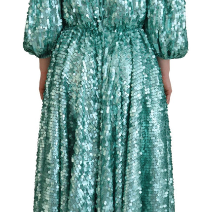 Dolce & Gabbana Blue Sequined Pleated Aline Midi Nylon Dress