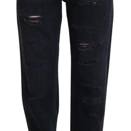 Dolce & Gabbana Black Cotton Tattered High Waist Denim Jeans