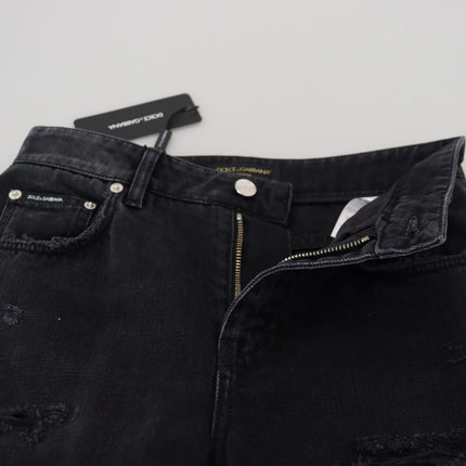 Dolce & Gabbana Black Cotton Tattered High Waist Denim Jeans