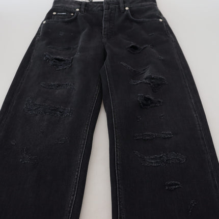 Dolce & Gabbana Black Cotton Tattered High Waist Denim Jeans