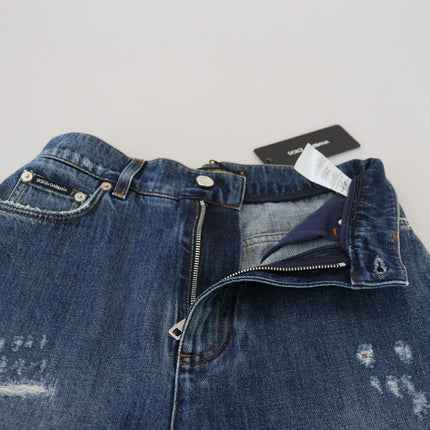 Dolce & Gabbana Blue Washed Cotton Tattered Denim Jeans