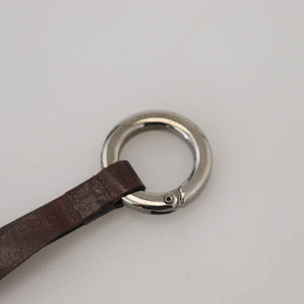 Costume National Brown Leather Silver Tone Metal Keyring Keychain