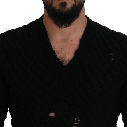 Dolce & Gabbana Black Wool V-neck Knitted Pullover Sweater