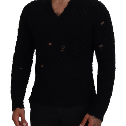 Dolce & Gabbana Black Wool V-neck Knitted Pullover Sweater