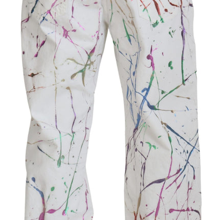 Dolce & Gabbana White Cotton Color Splash Print Denim Pants
