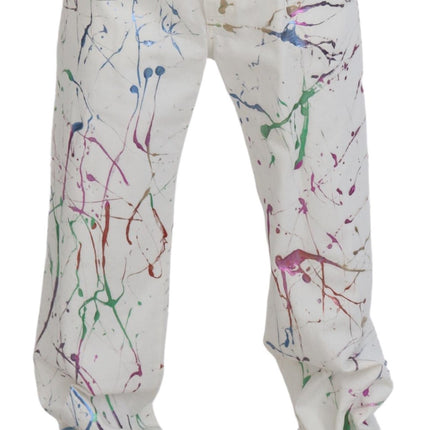 Dolce & Gabbana White Cotton Color Splash Print Denim Pants