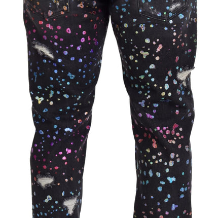 Dolce & Gabbana Black Multicolor Print Tattered Denim Jeans