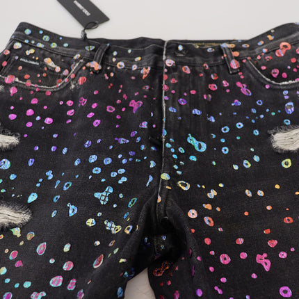 Dolce & Gabbana Black Multicolor Print Tattered Denim Jeans