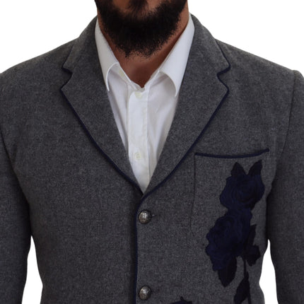 Dolce & Gabbana Gray Wool Roses Slim Fit Jacket Blazer