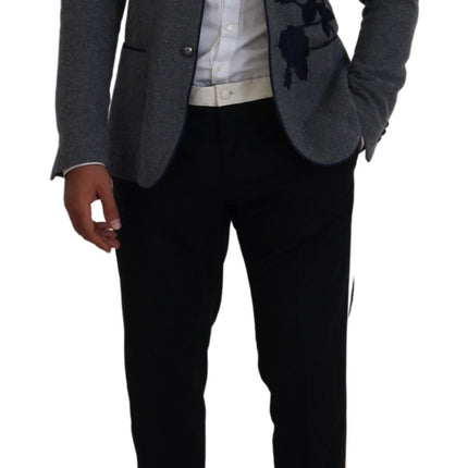 Dolce & Gabbana Gray Wool Roses Slim Fit Jacket Blazer