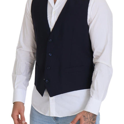 Dolce & Gabbana Dark Blue Wool Stretch Waistcoat Formal Vest