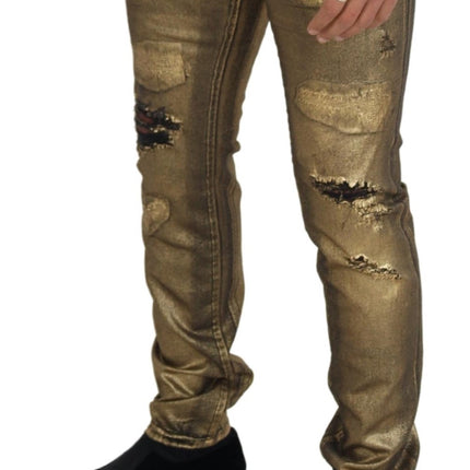 Dolce & Gabbana Gold Cotton Tattered Skinny Men Denim Jeans