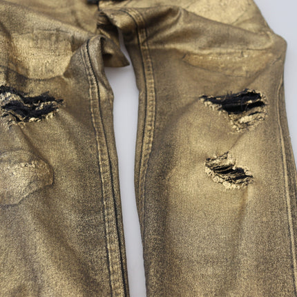 Dolce & Gabbana Gold Cotton Tattered Skinny Men Denim Jeans